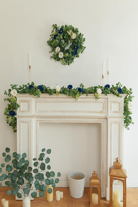 6.56ft Eucalyptus Garland with Flowers-8 Blue White Roses