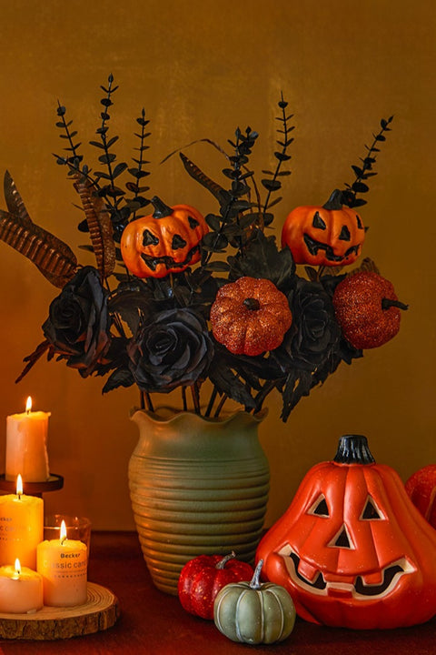 4Pcs Halloween Pumpkin Bunch with Black Maple Leaves