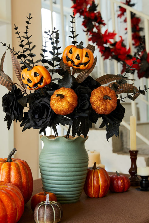 4Pcs Halloween Pumpkin Bunch with Black Maple Leaves