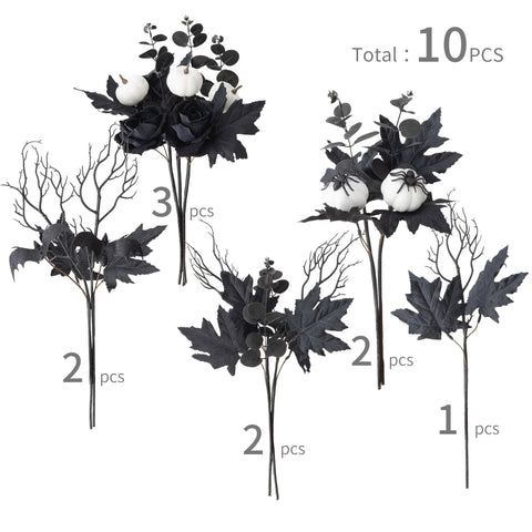 10Pcs Halloween White Pumpkin Bunch with Black Maple Leaves