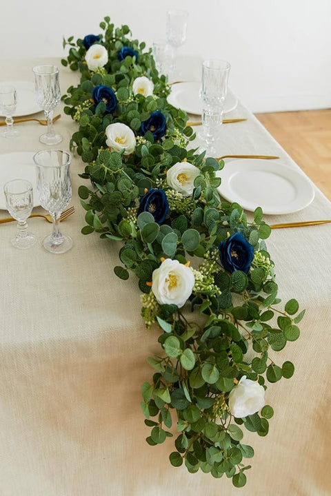 6.56ft Eucalyptus Garland with Flowers-8 Blue White Roses