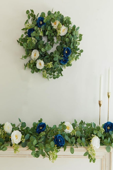 6.56ft Eucalyptus Garland with Flowers-8 Blue White Roses