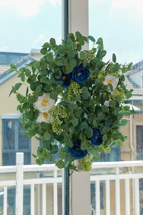 6.56ft Eucalyptus Garland with Flowers-8 Blue White Roses