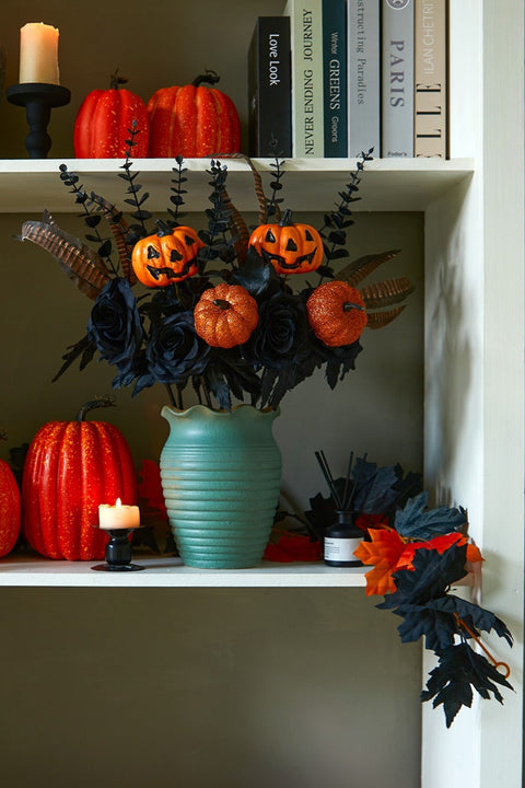 4Pcs Halloween Pumpkin Bunch with Black Maple Leaves